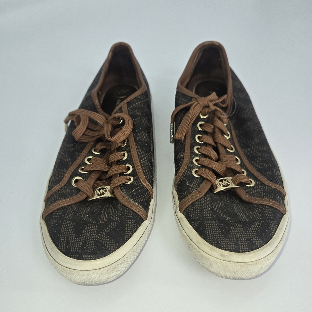 Michael Kor's Monogrammed Brown Sneakers W/ Gold Inside & MK Charm Luxury Sz 8